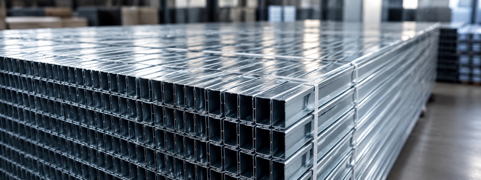 Pilas de perfilería metálica galvanizada en la planta de Alfa Industrial